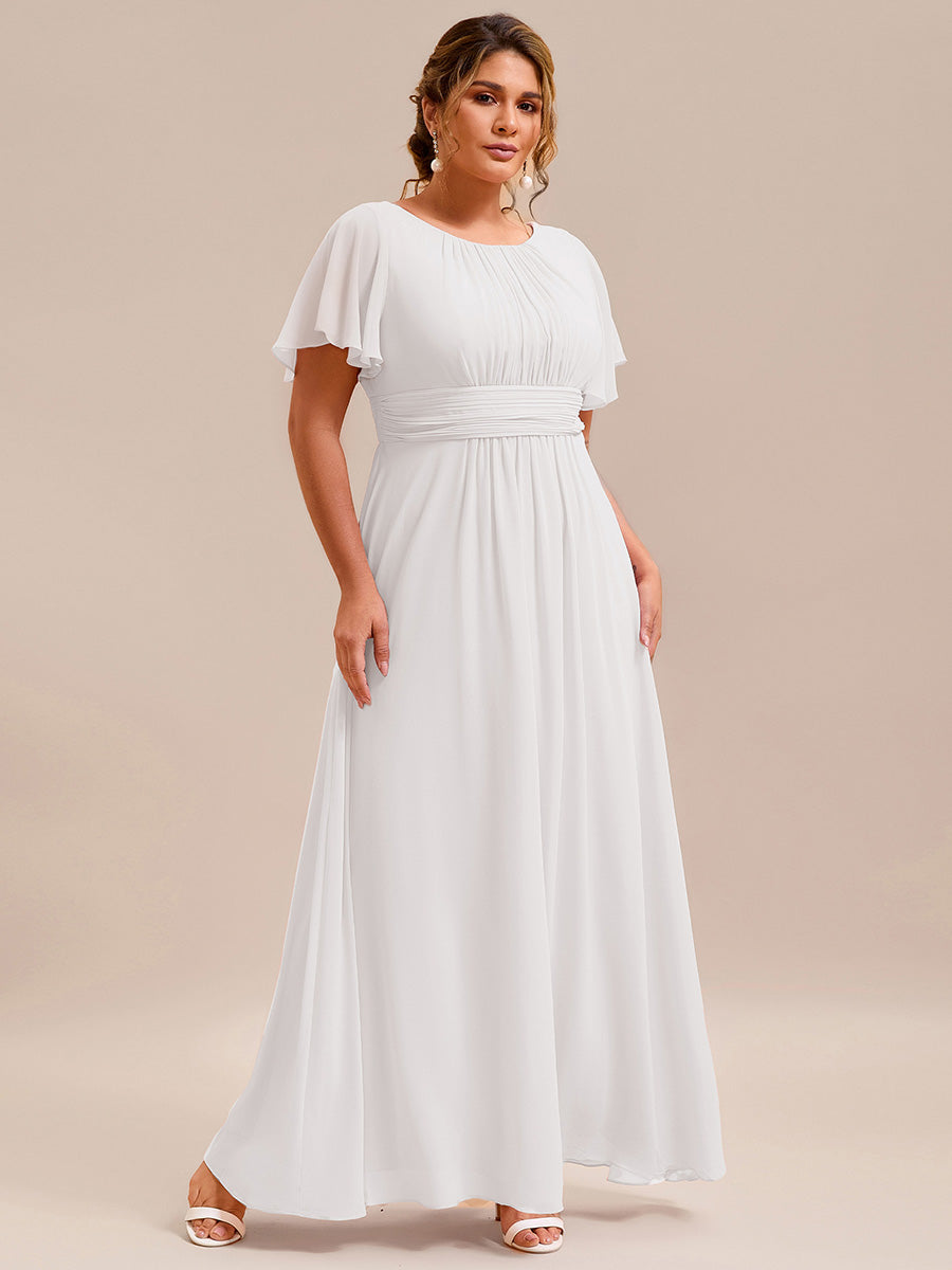 Bodenlanger A-Linien Chiffonkleid Mit Falten Und Rüschen Details Rundhals #Farbe_Weiß