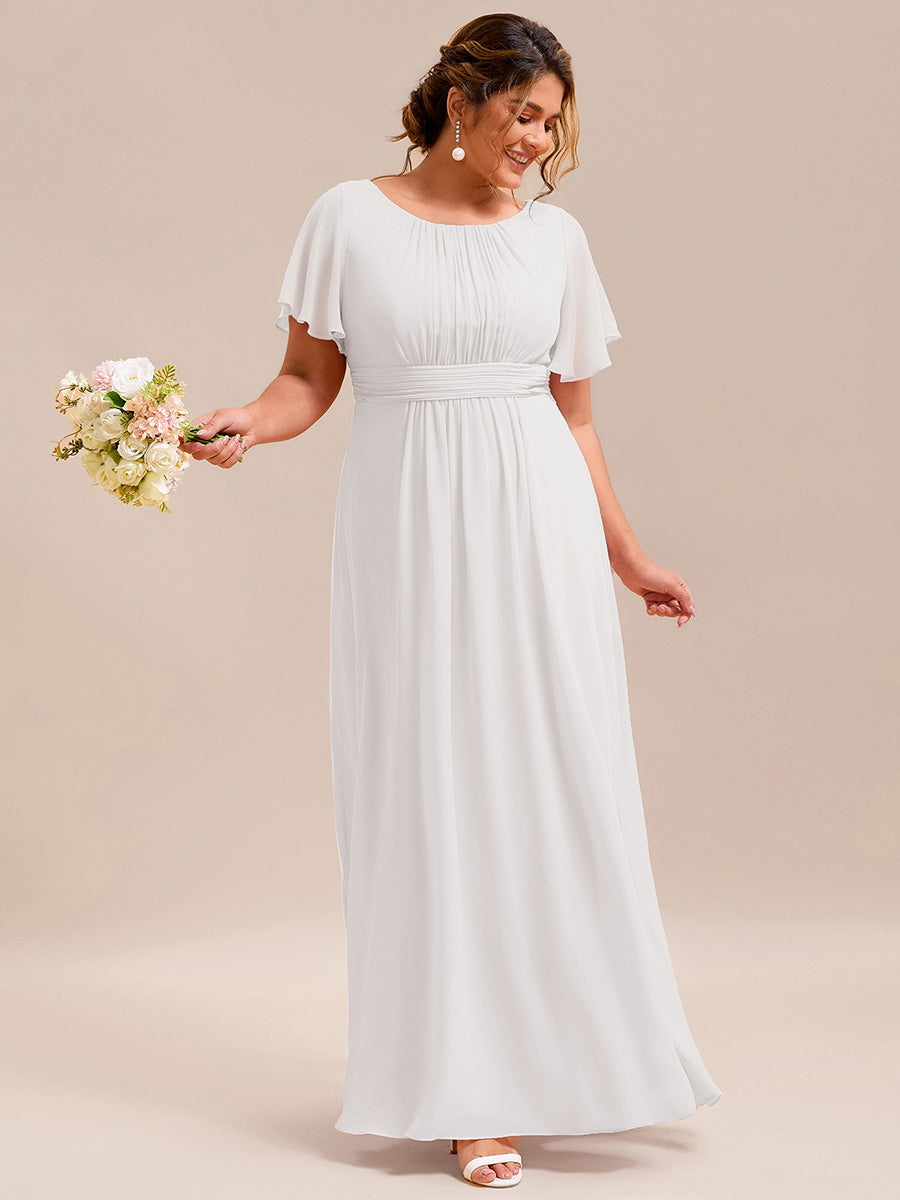 Bodenlanger A-Linien Chiffonkleid Mit Falten Und Rüschen Details Rundhals #Farbe_Weiß