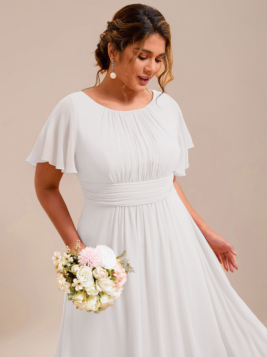 Bodenlanger A-Linien Chiffonkleid Mit Falten Und Rüschen Details Rundhals #Farbe_Weiß
