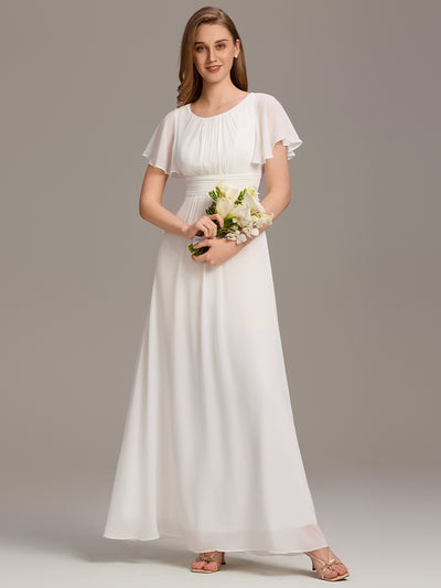 Bodenlanger A-Linien Chiffonkleid Mit Falten Und Rüschen Details Rundhals #Farbe_Weiß