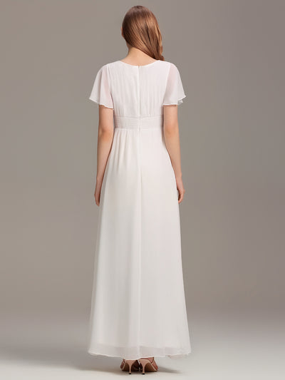 Bodenlanger A-Linien Chiffonkleid Mit Falten Und Rüschen Details Rundhals #Farbe_Weiß