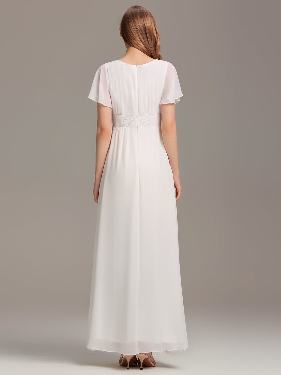 Bodenlanger A-Linien Chiffonkleid Mit Falten Und Rüschen Details Rundhals #Farbe_Weiß