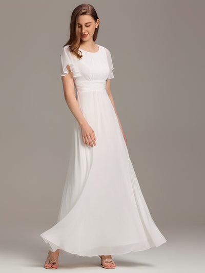 Bodenlanger A-Linien Chiffonkleid Mit Falten Und Rüschen Details Rundhals #Farbe_Weiß
