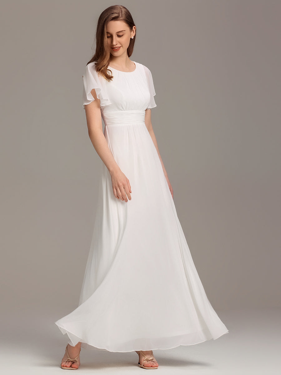 Bodenlanger A-Linien Chiffonkleid Mit Falten Und Rüschen Details Rundhals #Farbe_Weiß