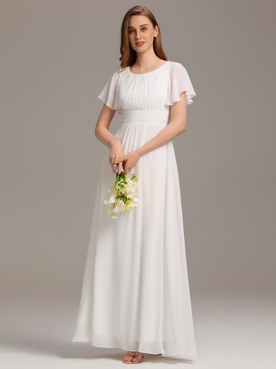 Bodenlanger A-Linien Chiffonkleid Mit Falten Und Rüschen Details Rundhals #Farbe_Weiß