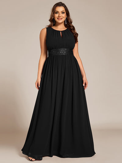 Bodenlanger A-Linien Chiffon Kleid Mit Rundhalsausschnitt Und Bestickten Details #Farbe_Schwarz