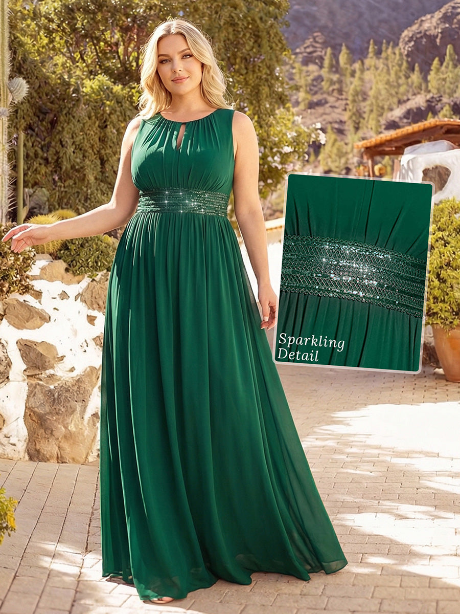 Bodenlanger A-Linien Chiffon Kleid Mit Rundhalsausschnitt Und Bestickten Details #Farbe_Dunkelgrün