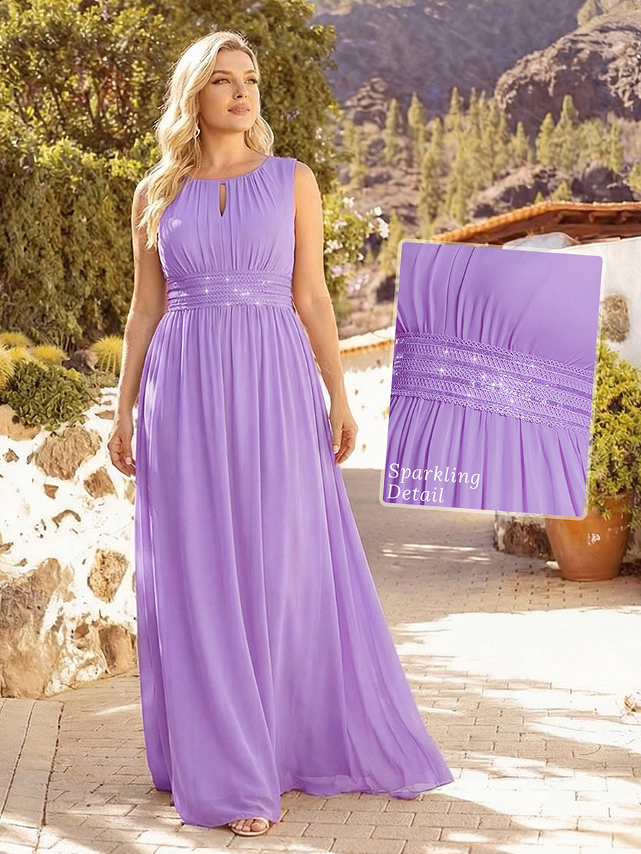 Bodenlanger A-Linien Chiffon Kleid Mit Rundhalsausschnitt Und Bestickten Details #Farbe_Lavendel