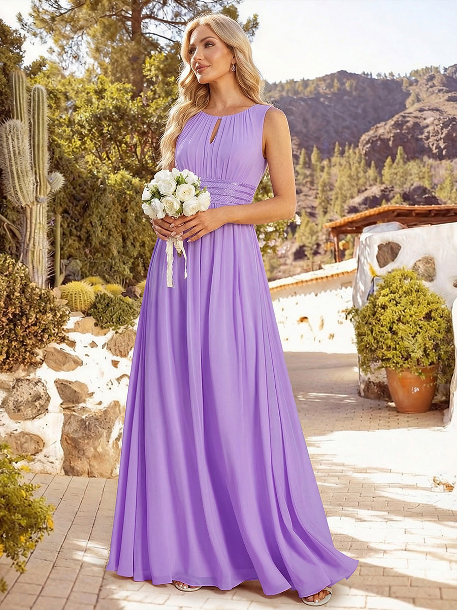 Bodenlanger A-Linien Chiffon Kleid Mit Rundhalsausschnitt Und Bestickten Details #Farbe_Lavendel