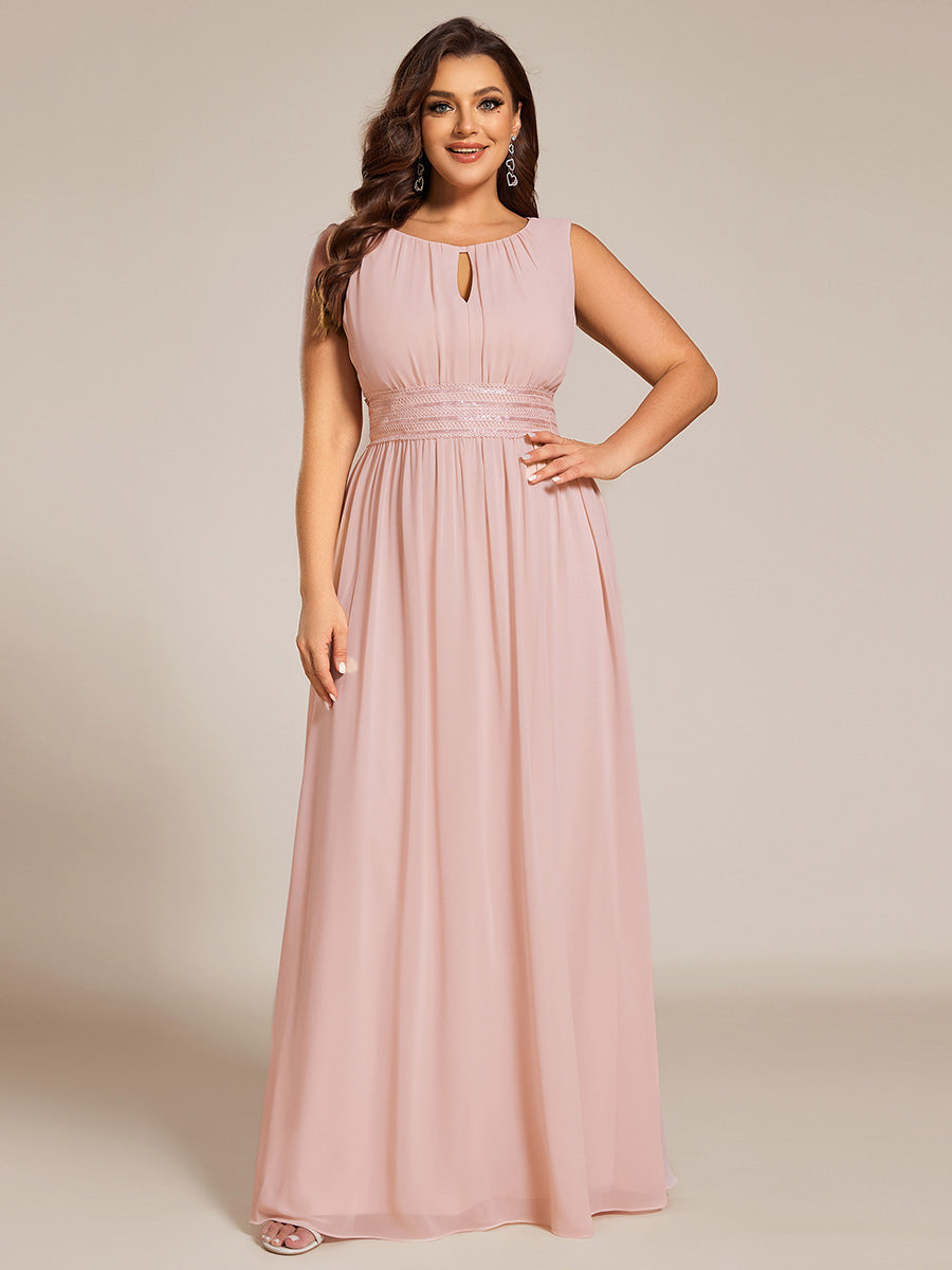 Bodenlanger A-Linien Chiffon Kleid Mit Rundhalsausschnitt Und Bestickten Details #Farbe_Pink