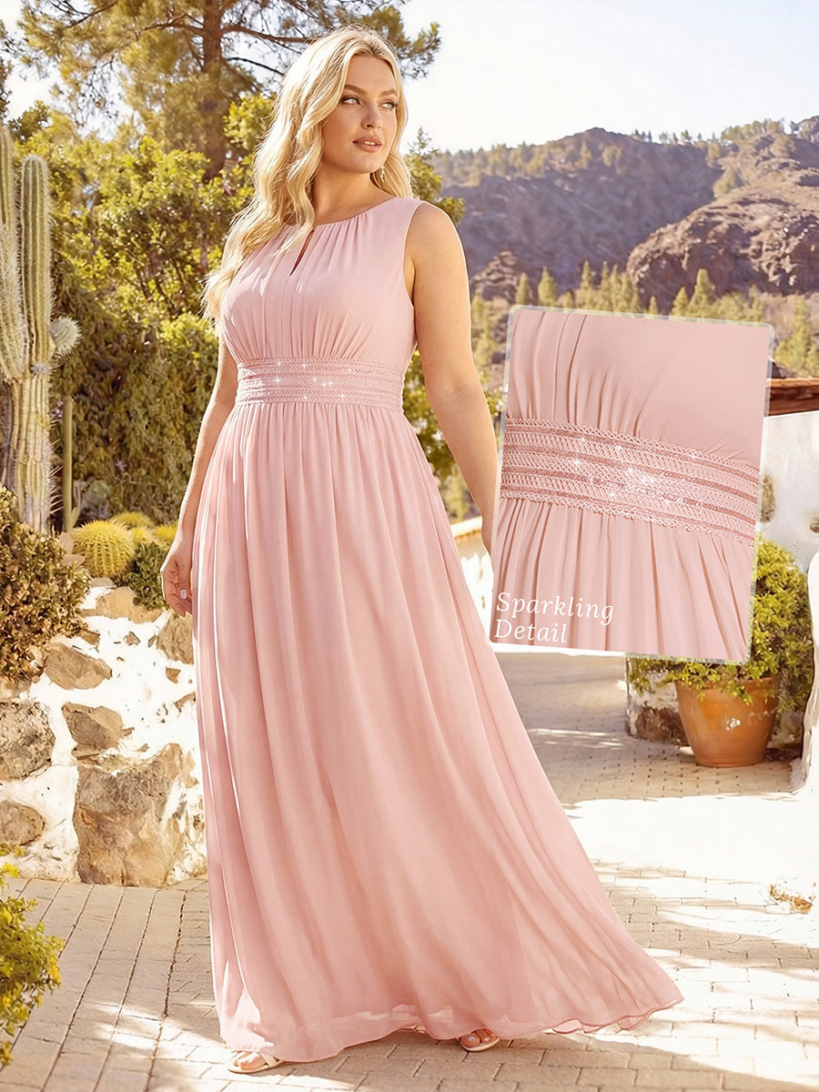 Bodenlanger A-Linien Chiffon Kleid Mit Rundhalsausschnitt Und Bestickten Details #Farbe_Pink