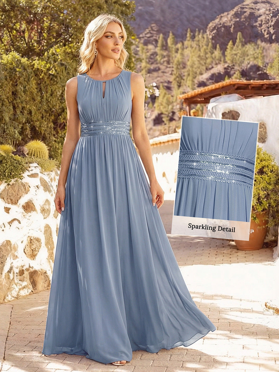 Bodenlanger A-Linien Chiffon Kleid Mit Rundhalsausschnitt Und Bestickten Details #Farbe_SL
