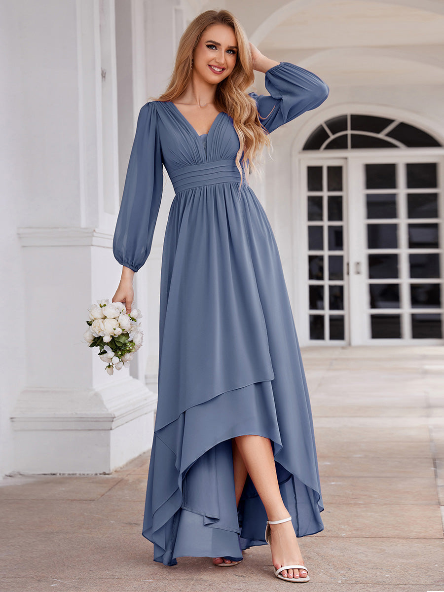 Robe d'invit¡§| de mariage trap¡§¡§ze en mousseline fluide ¡§¡è encolure ronde et longueur au genou #farbe_Taubenblau