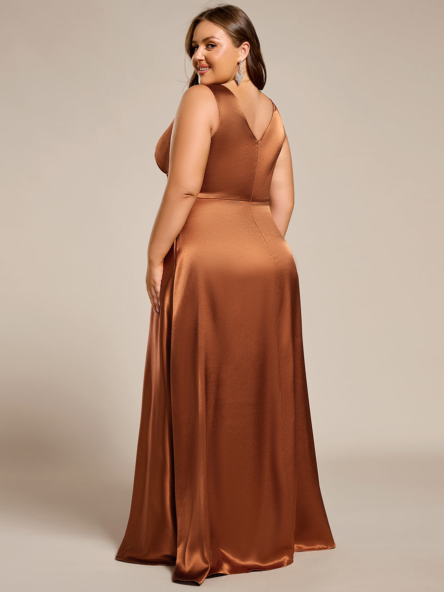 Bodenlanger V-Ausschnitt A-Linie Satin Kleid Mit Tiefem V-Ausschnitt Und Gerafften Details #Farbe_Kupfer