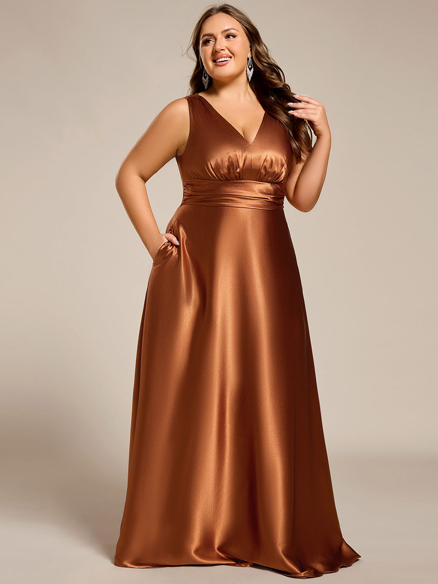 Bodenlanger V-Ausschnitt A-Linie Satin Kleid Mit Tiefem V-Ausschnitt Und Gerafften Details #Farbe_Kupfer