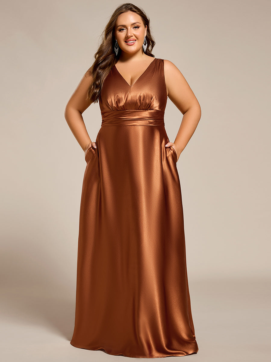 Bodenlanger V-Ausschnitt A-Linie Satin Kleid Mit Tiefem V-Ausschnitt Und Gerafften Details #Farbe_Kupfer