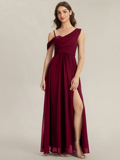 Bodenlanger Asymmetrischer A-Linien Chiffonkleid Mit Pailletten Hohem Schlitz Cowl Neck Kleid #Farbe_Burgunderrot