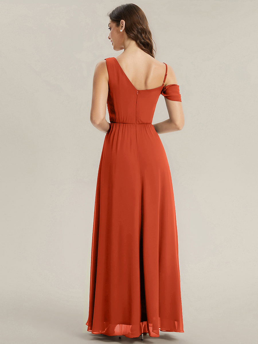 Bodenlanger Asymmetrischer A-Linien Chiffonkleid Mit Pailletten Hohem Schlitz Cowl Neck Kleid #Farbe_Gebranntes Orange