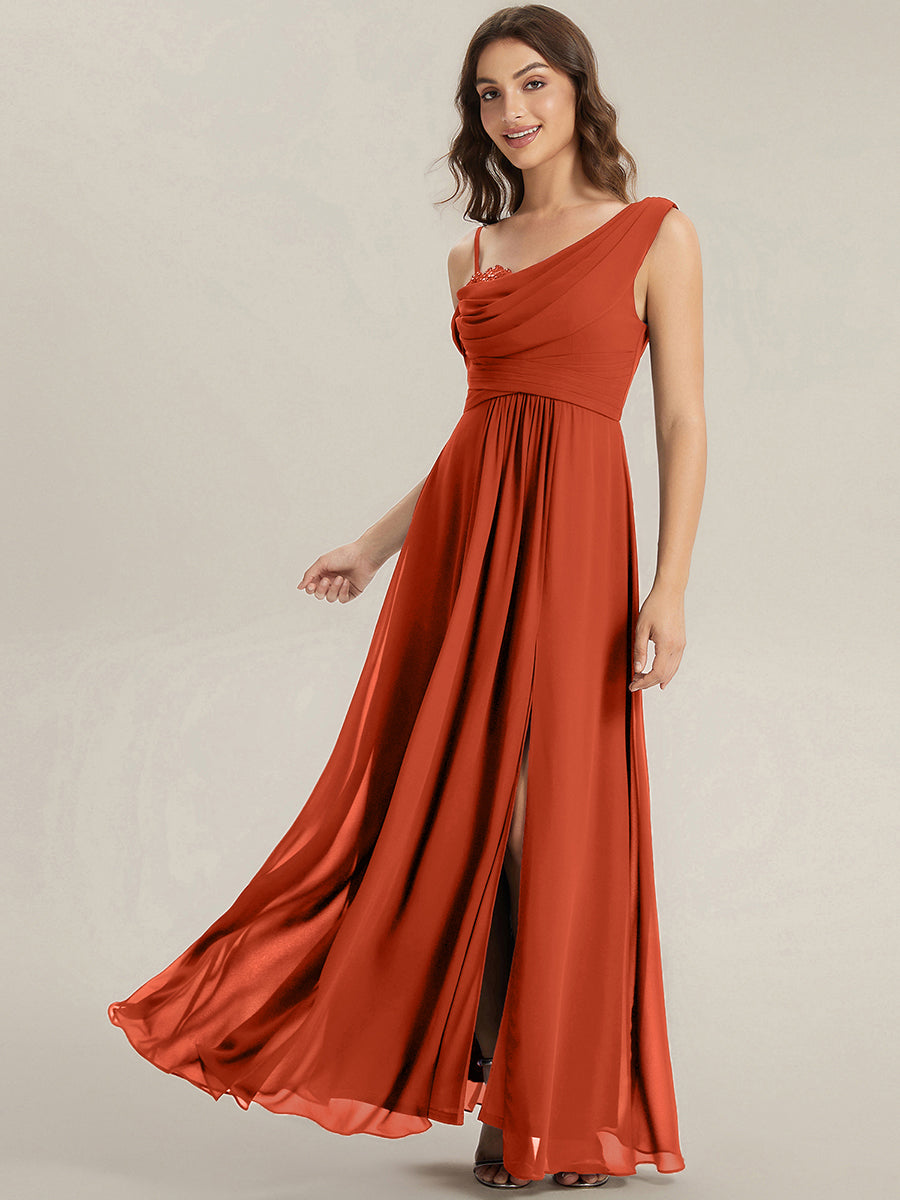 Bodenlanger Asymmetrischer A-Linien Chiffonkleid Mit Pailletten Hohem Schlitz Cowl Neck Kleid #Farbe_Gebranntes Orange