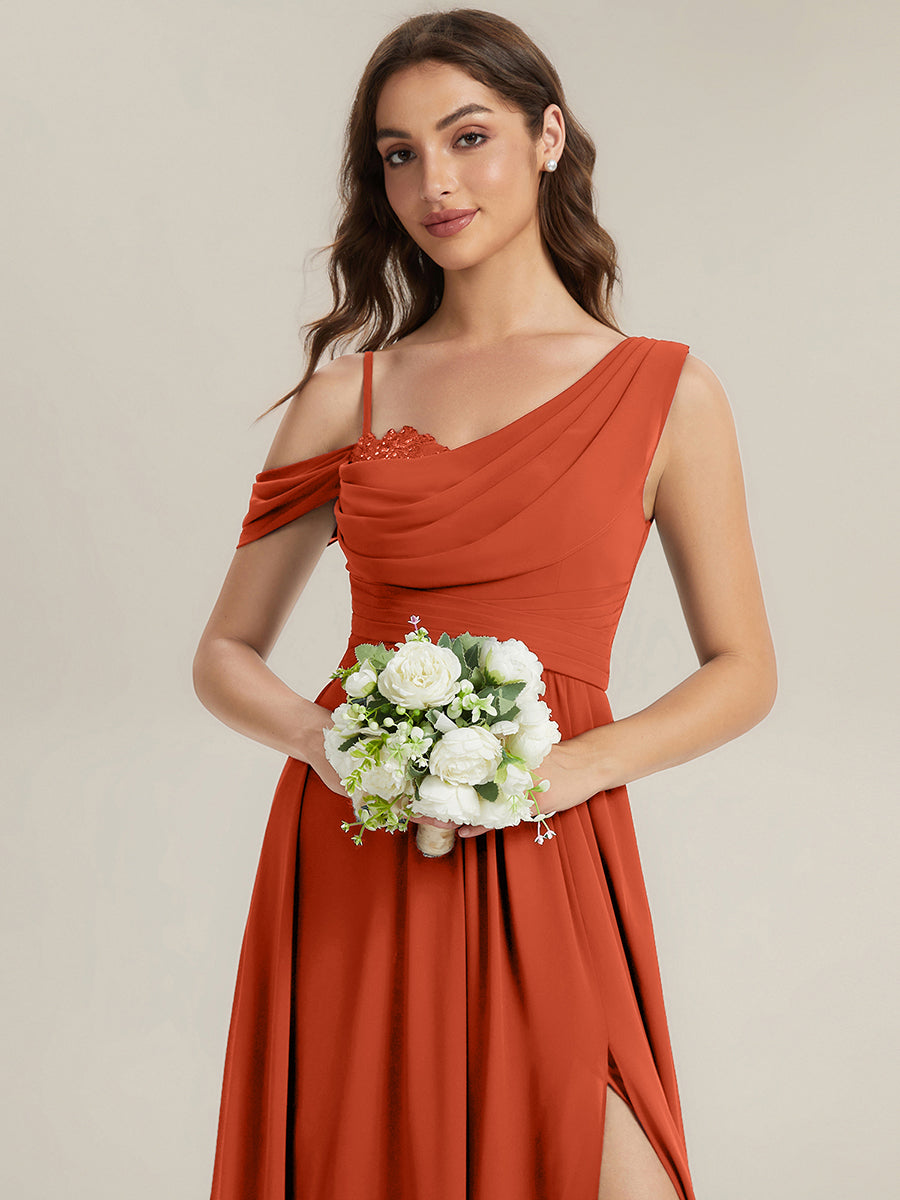 Bodenlanger Asymmetrischer A-Linien Chiffonkleid Mit Pailletten Hohem Schlitz Cowl Neck Kleid #Farbe_Gebranntes Orange