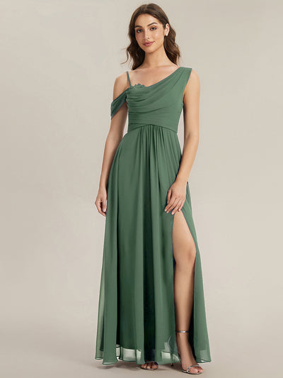 Bodenlanger Asymmetrischer A-Linien Chiffonkleid Mit Pailletten Hohem Schlitz Cowl Neck Kleid #Farbe_Eukalyptus