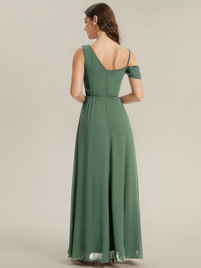 Bodenlanger Asymmetrischer A-Linien Chiffonkleid Mit Pailletten Hohem Schlitz Cowl Neck Kleid #Farbe_Eukalyptus