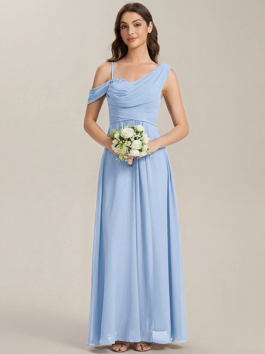 Bodenlanger Asymmetrischer A-Linien Chiffonkleid Mit Pailletten Hohem Schlitz Cowl Neck Kleid #Farbe_Eisblau