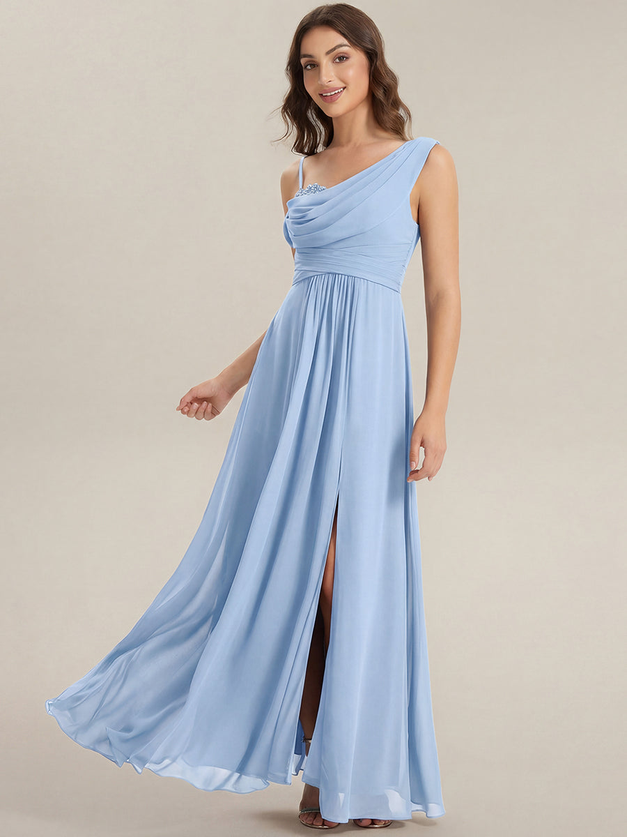 Bodenlanger Asymmetrischer A-Linien Chiffonkleid Mit Pailletten Hohem Schlitz Cowl Neck Kleid #Farbe_Eisblau