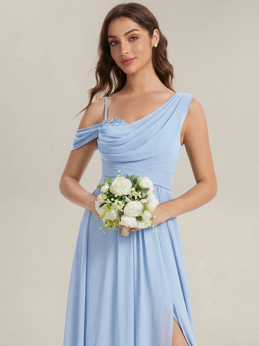 Bodenlanger Asymmetrischer A-Linien Chiffonkleid Mit Pailletten Hohem Schlitz Cowl Neck Kleid #Farbe_Eisblau