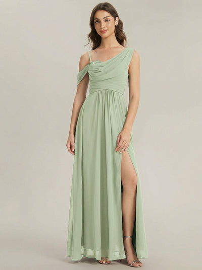 Bodenlanger Asymmetrischer A-Linien Chiffonkleid Mit Pailletten Hohem Schlitz Cowl Neck Kleid #Farbe_Mintgrün