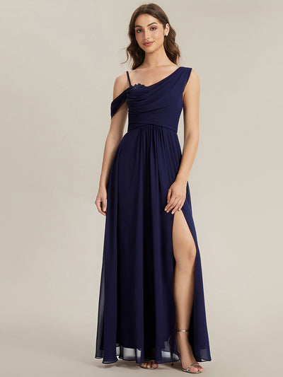 Bodenlanger Asymmetrischer A-Linien Chiffonkleid Mit Pailletten Hohem Schlitz Cowl Neck Kleid #Farbe_Marineblau