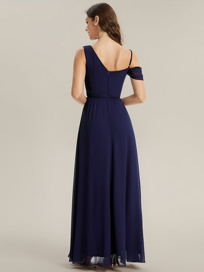 Bodenlanger Asymmetrischer A-Linien Chiffonkleid Mit Pailletten Hohem Schlitz Cowl Neck Kleid #Farbe_Marineblau