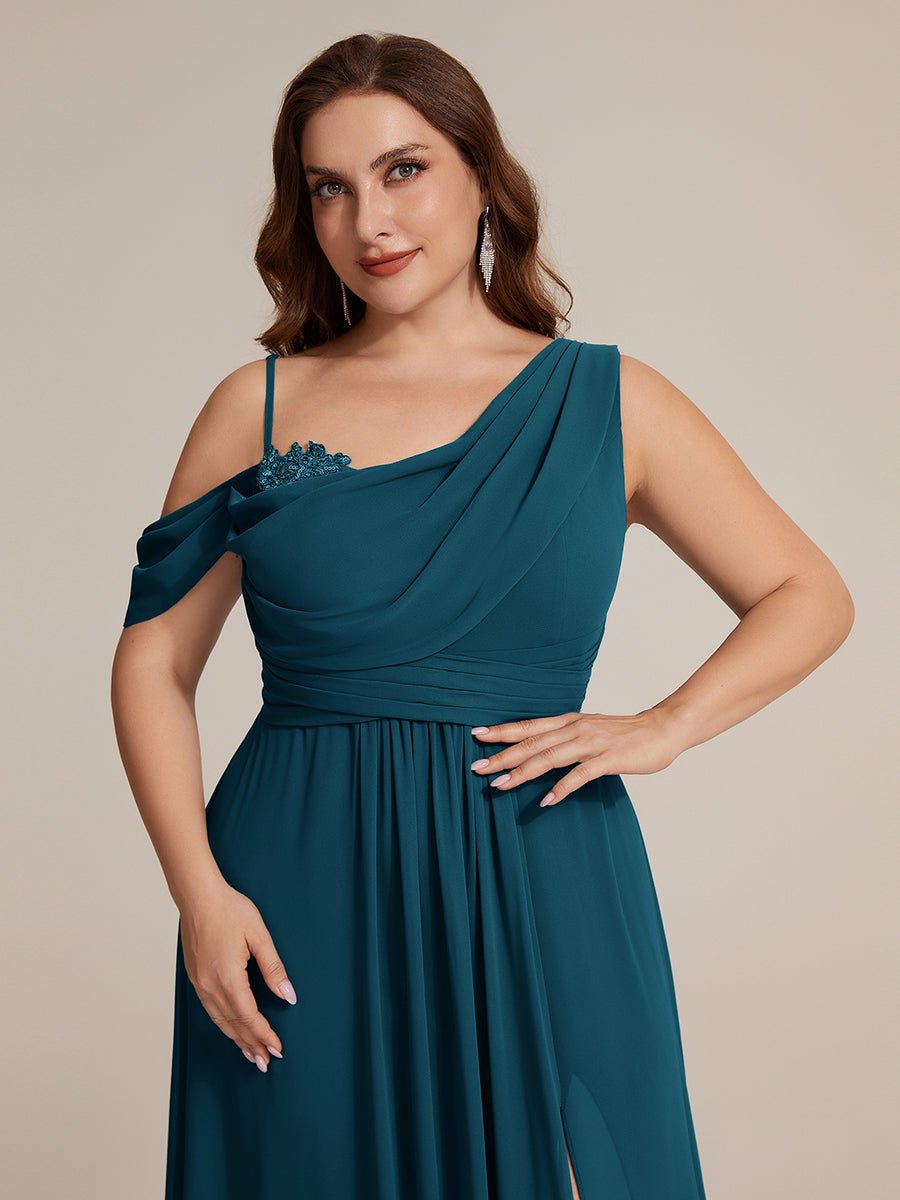 Bodenlanger Asymmetrischer A-Linien Chiffonkleid Mit Pailletten Hohem Schlitz Cowl Neck Kleid #Farbe_Petrol