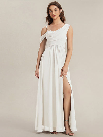 Bodenlanger Asymmetrischer A-Linien Chiffonkleid Mit Pailletten Hohem Schlitz Cowl Neck Kleid #Farbe_Weiß