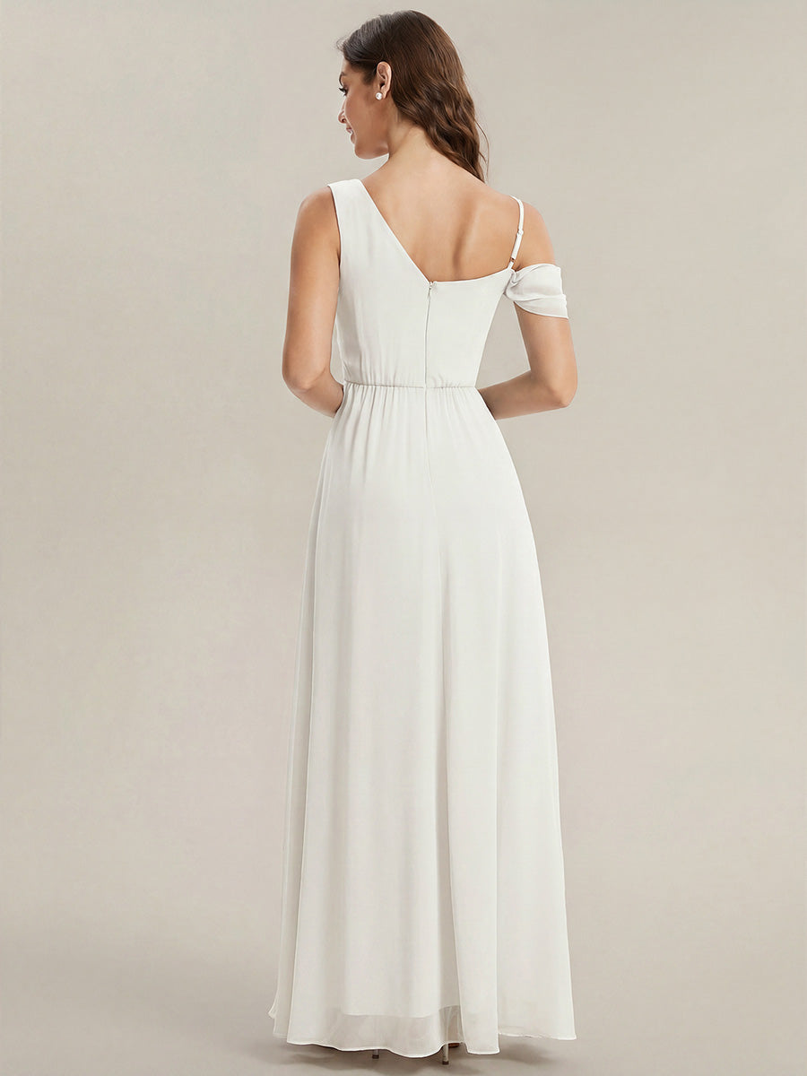 Bodenlanger Asymmetrischer A-Linien Chiffonkleid Mit Pailletten Hohem Schlitz Cowl Neck Kleid #Farbe_Weiß