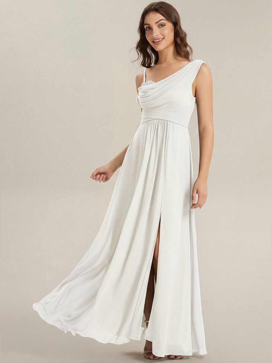 Bodenlanger Asymmetrischer A-Linien Chiffonkleid Mit Pailletten Hohem Schlitz Cowl Neck Kleid #Farbe_Weiß