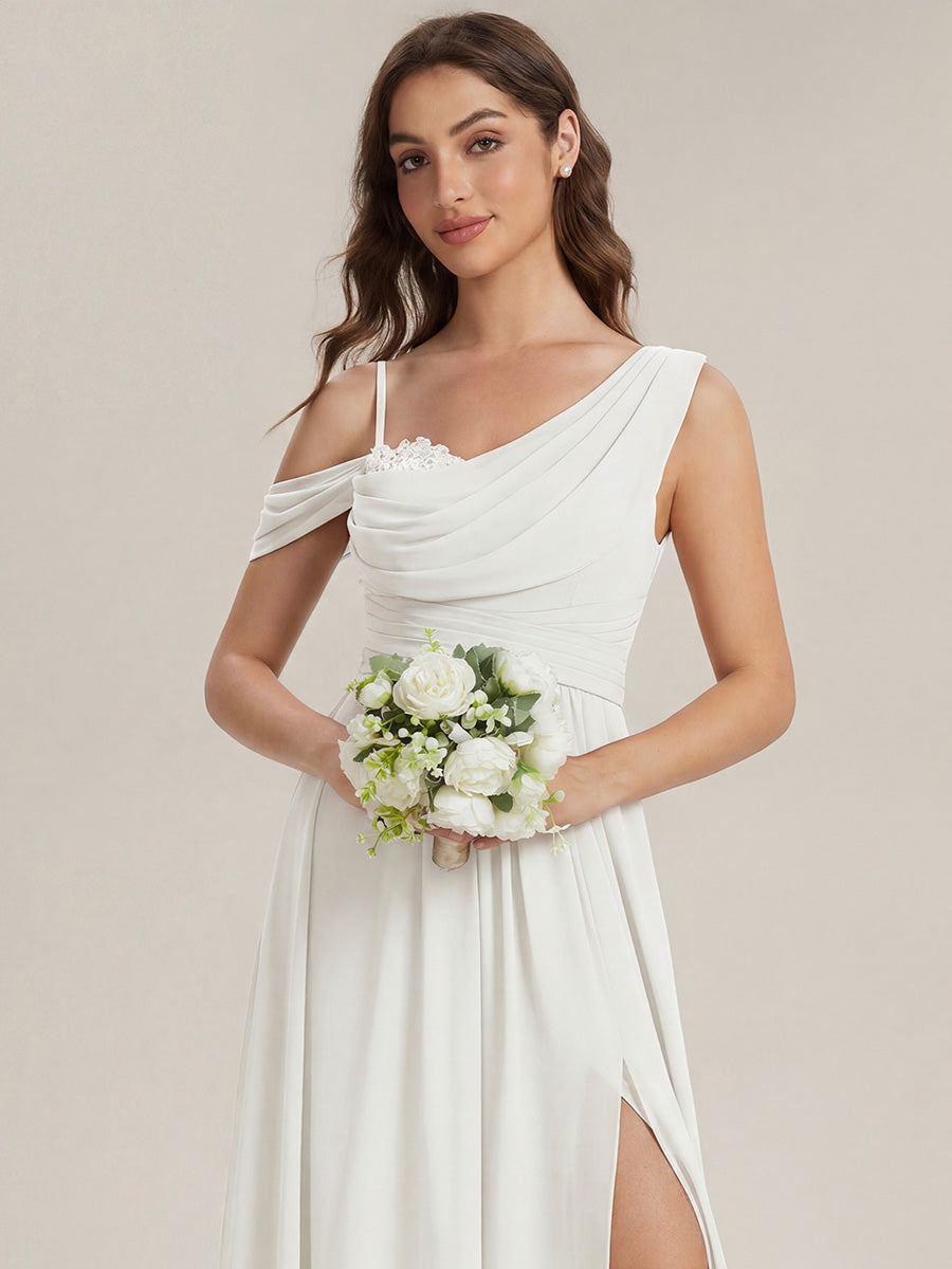 Bodenlanger Asymmetrischer A-Linien Chiffonkleid Mit Pailletten Hohem Schlitz Cowl Neck Kleid #Farbe_Weiß
