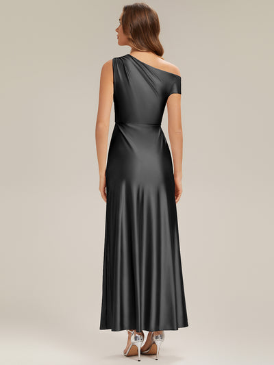Knöchellanges asymmetrisches Sheath Satin Kleid Mit Raffinierten Details Und Hohem Schlitz #Farbe_Schwarz
