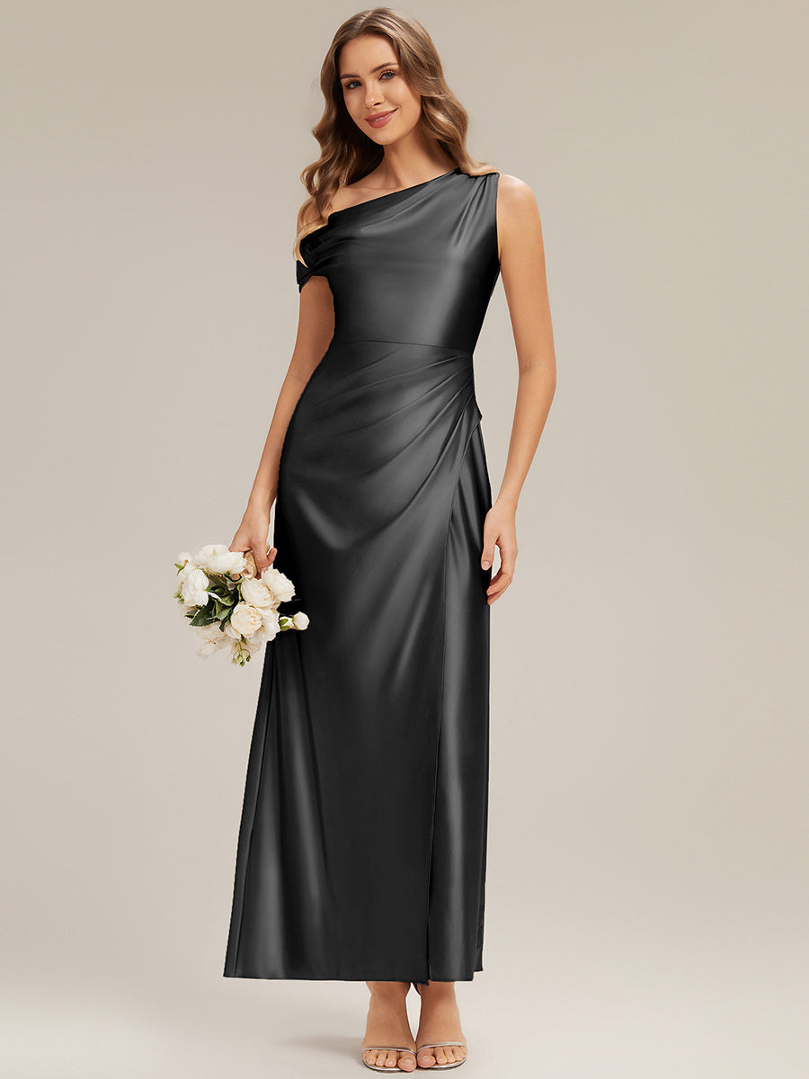 Knöchellanges Asymmetrisches Sheath Satin Kleid Mit Raffinierten Details Und Hohem Schlitz #Farbe_Schwarz