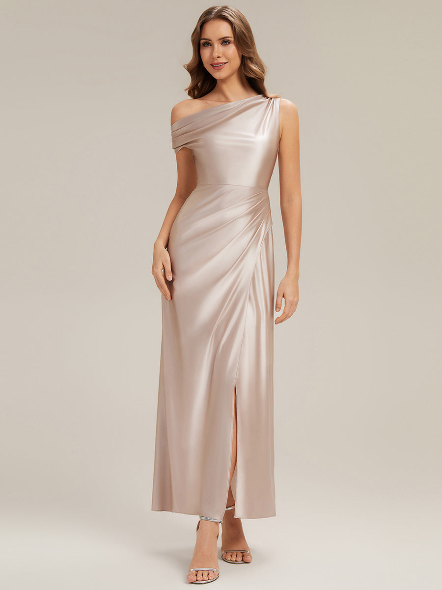 Knöchellanges Asymmetrisches Sheath Satin Kleid Mit Raffinierten Details Und Hohem Schlitz #Farbe_Champagner