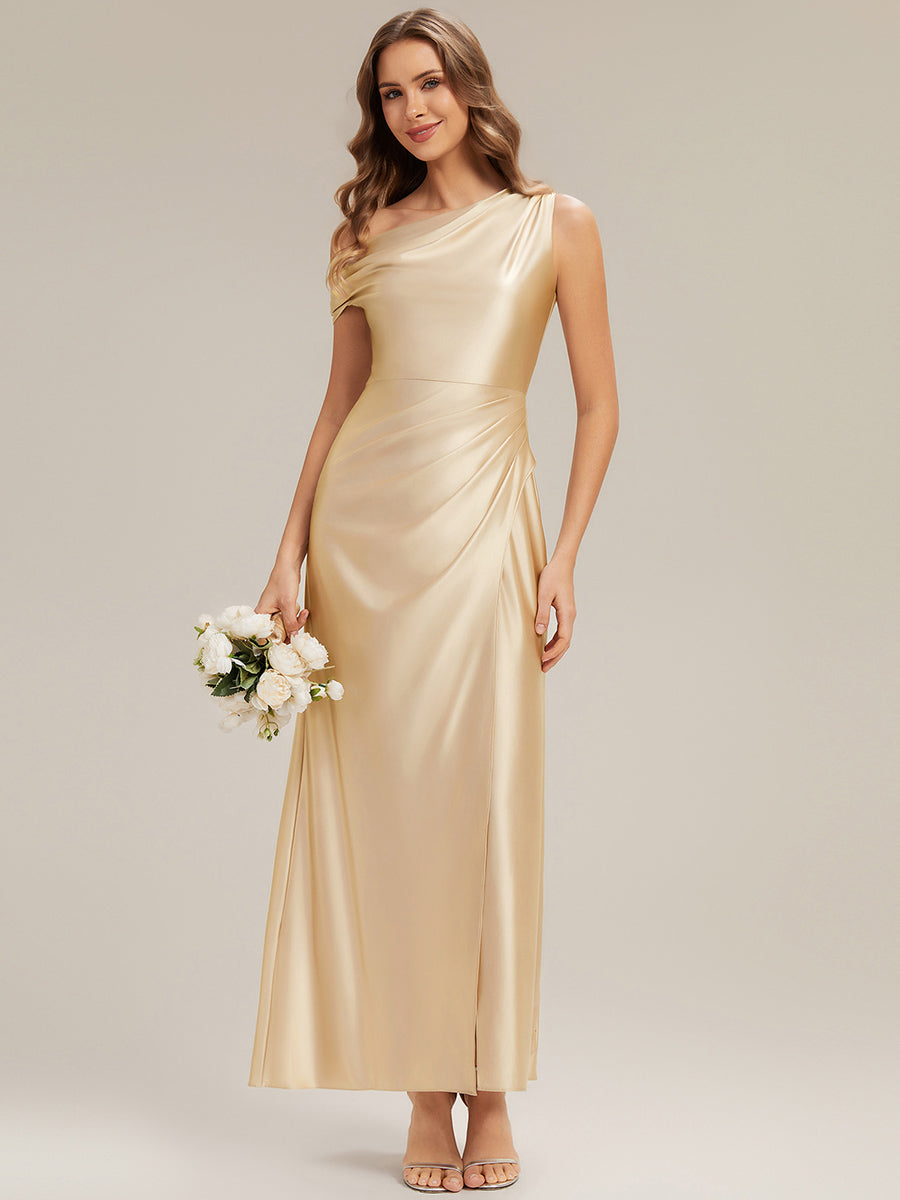 Knöchellanges Asymmetrisches Sheath Satin Kleid Mit Raffinierten Details Und Hohem Schlitz #Farbe_Gelb