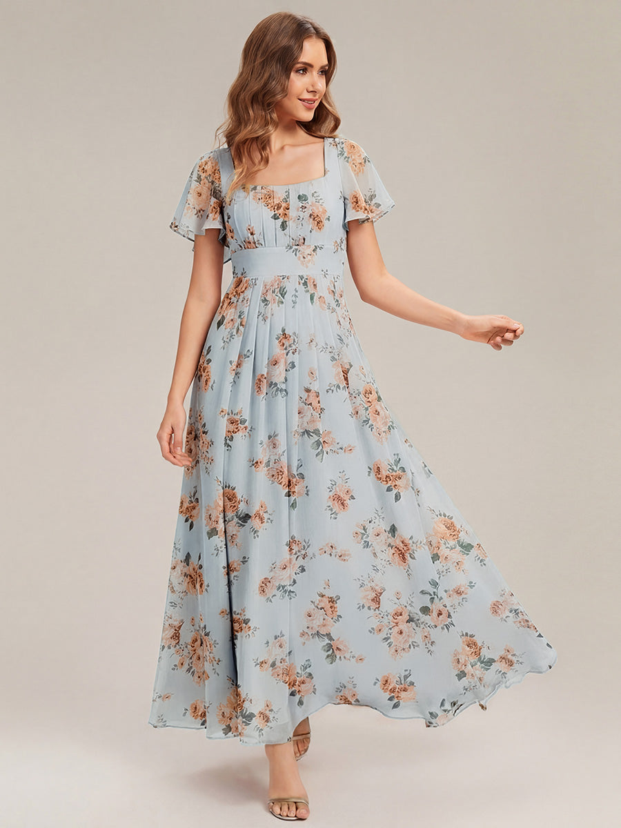 Kn?chellang A-Linien Chiffon Kleid Square Neck Raffung Gathered R¨¹ckenfrei Design #Farbe_Bernstein