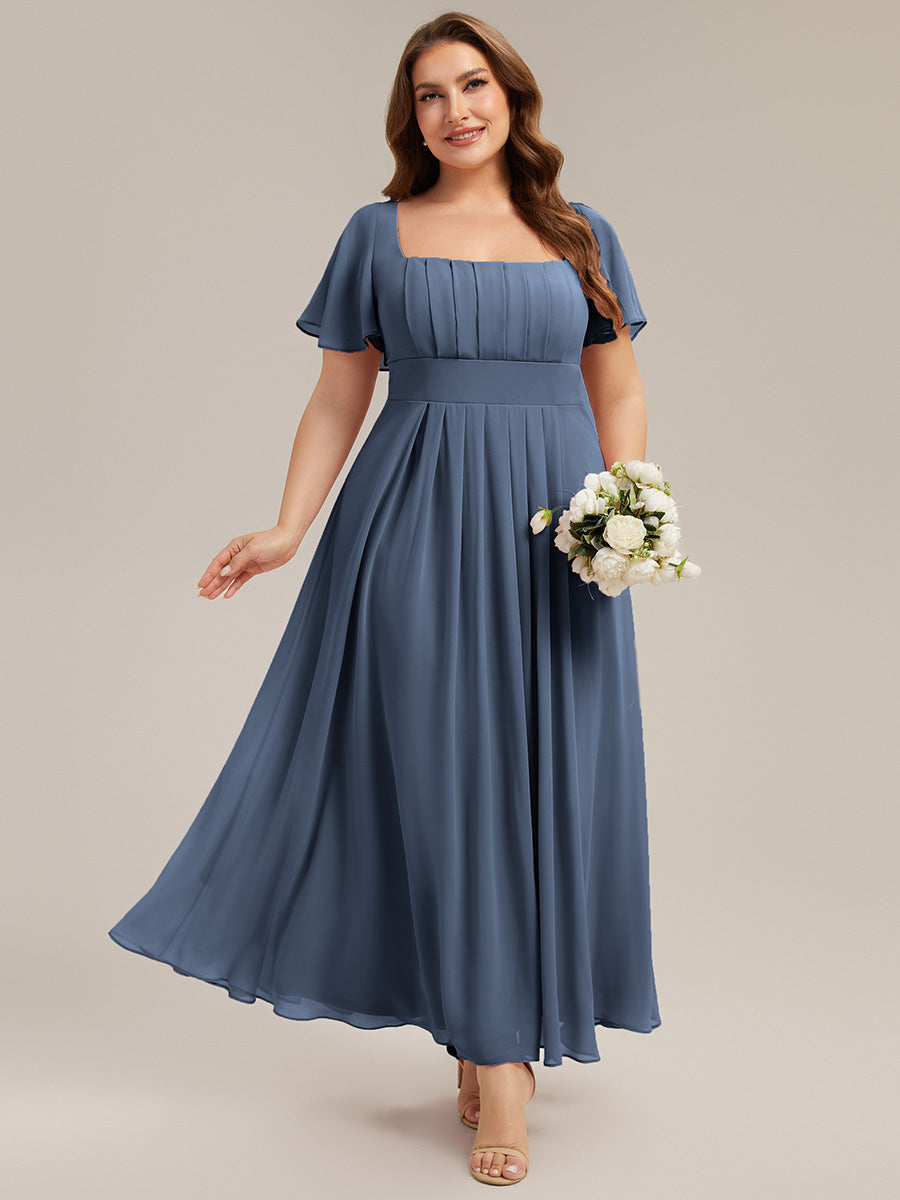 Kn?chellang A-Linien Chiffon Kleid Square Neck Raffung Gathered R¨¹ckenfrei Design #Farbe_Taubenblau