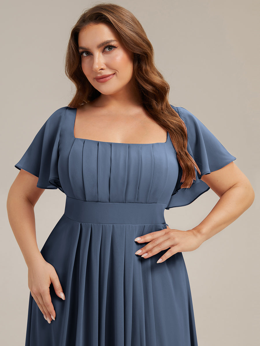 Kn?chellang A-Linien Chiffon Kleid Square Neck Raffung Gathered R¨¹ckenfrei Design #Farbe_Taubenblau
