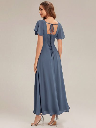 Kn?chellang A-Linien Chiffon Kleid Square Neck Raffung Gathered R¨¹ckenfrei Design #Farbe_Taubenblau