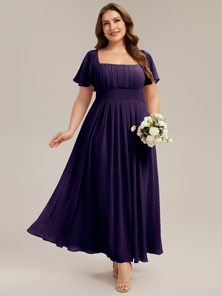 Kn?chellang A-Linien Chiffon Kleid Square Neck Raffung Gathered R¨¹ckenfrei Design #Farbe_Dunkelviolett
