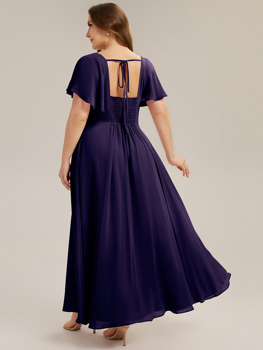 Kn?chellang A-Linien Chiffon Kleid Square Neck Raffung Gathered R¨¹ckenfrei Design #Farbe_Dunkelviolett