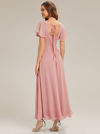 Kn?chellang A-Linien Chiffon Kleid Square Neck Raffung Gathered R¨¹ckenfrei Design #Farbe_Altrosa