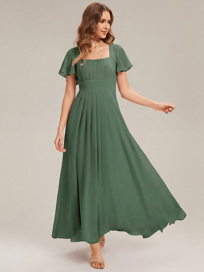 Kn?chellang A-Linien Chiffon Kleid Square Neck Raffung Gathered R¨¹ckenfrei Design #Farbe_Eukalyptus