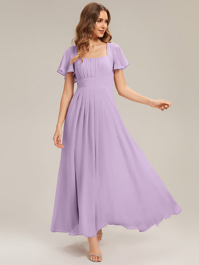 Kn?chellang A-Linien Chiffon Kleid Square Neck Raffung Gathered R¨¹ckenfrei Design #Farbe_Mattflieder